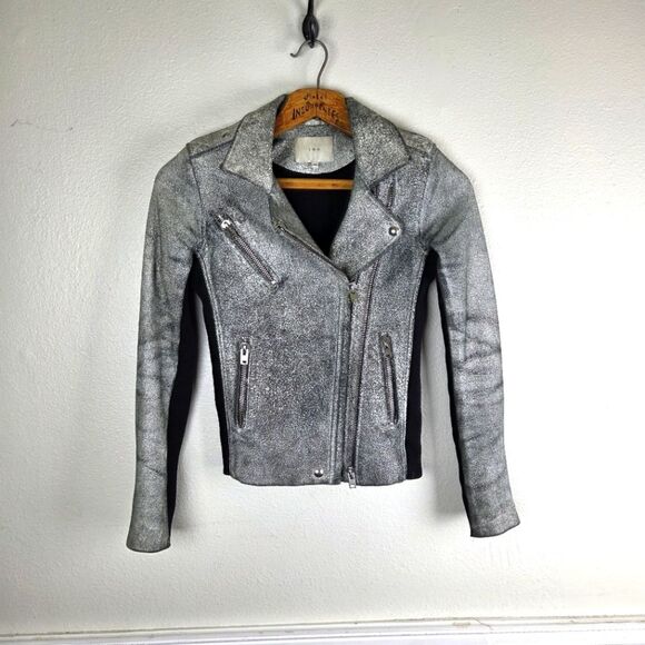 IRO Jackets & Blazers - Women's IRO Ilaria Crack Leather Green White Lampskin Moto Zip Jacket Size 34